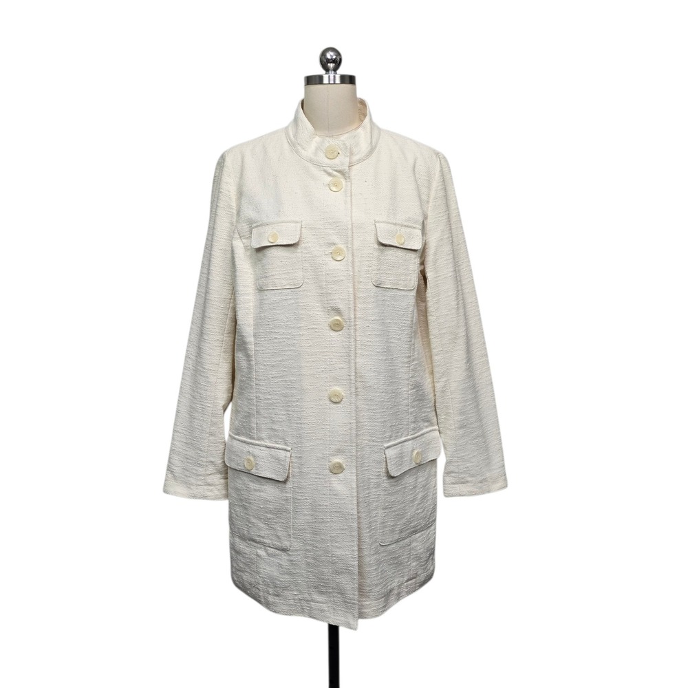 J Jill Cream Textured Cotton Longline Jacket Mock Neck Button Front Large Tall
